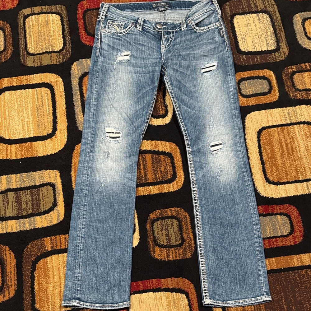 Silver Jeans Blue Distressed Straight Leg Jeans